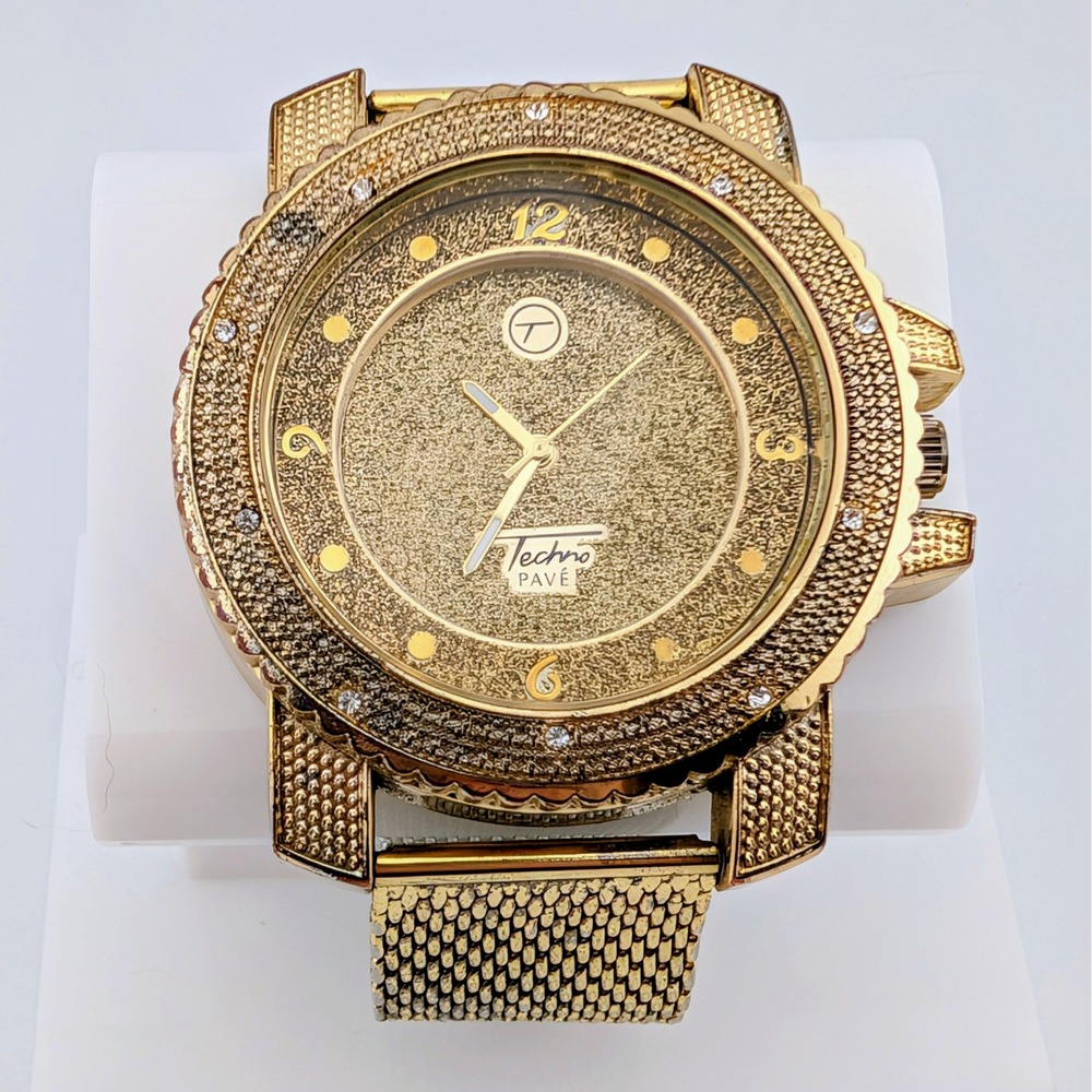 Techno Pave 7758 Men's 51mm Gold Tone Crystal Iced Bling Statement Quartz Watch